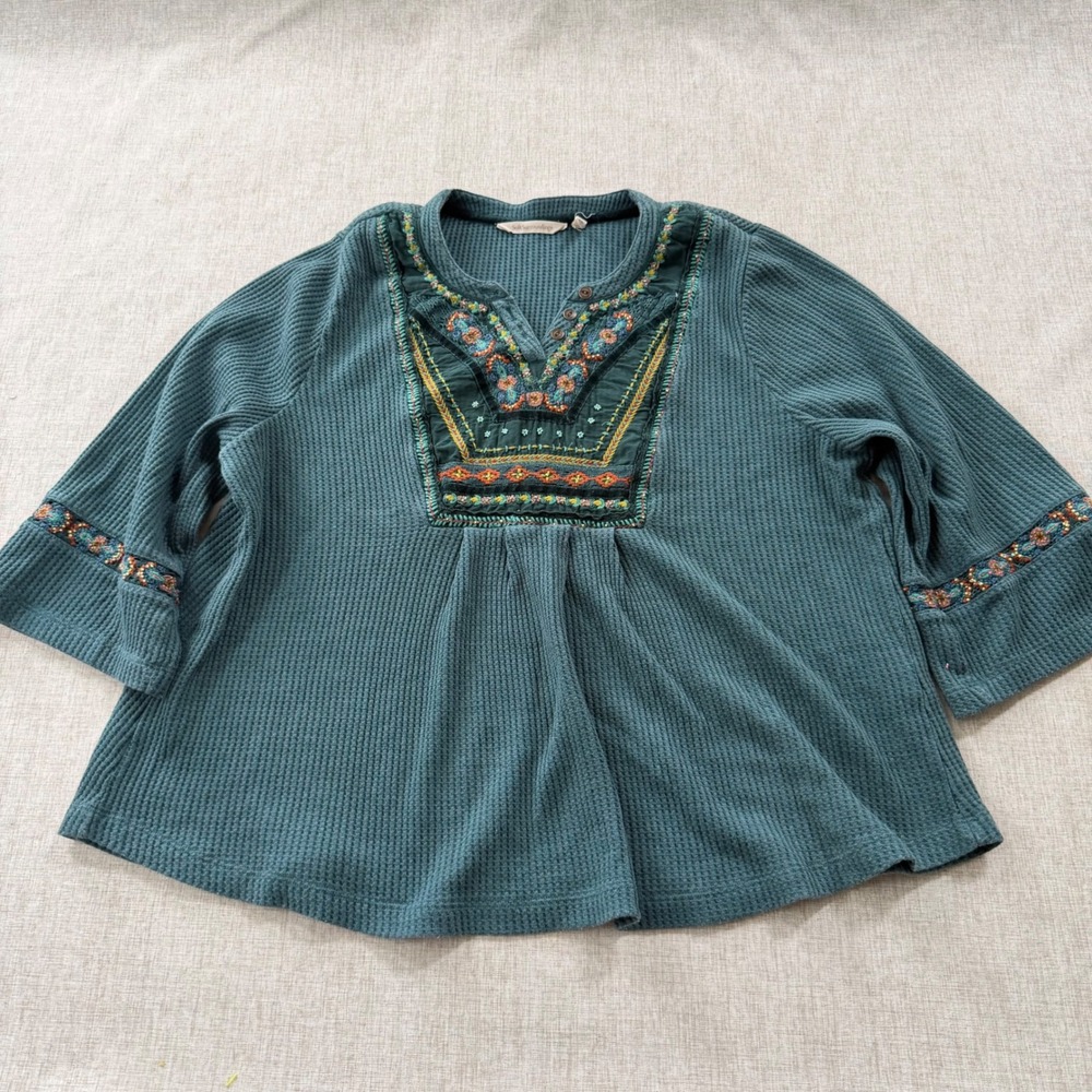 Soft Surroundings Top Women's 2X Waffle Knit Embroidered Henley Velvet Trim Boho